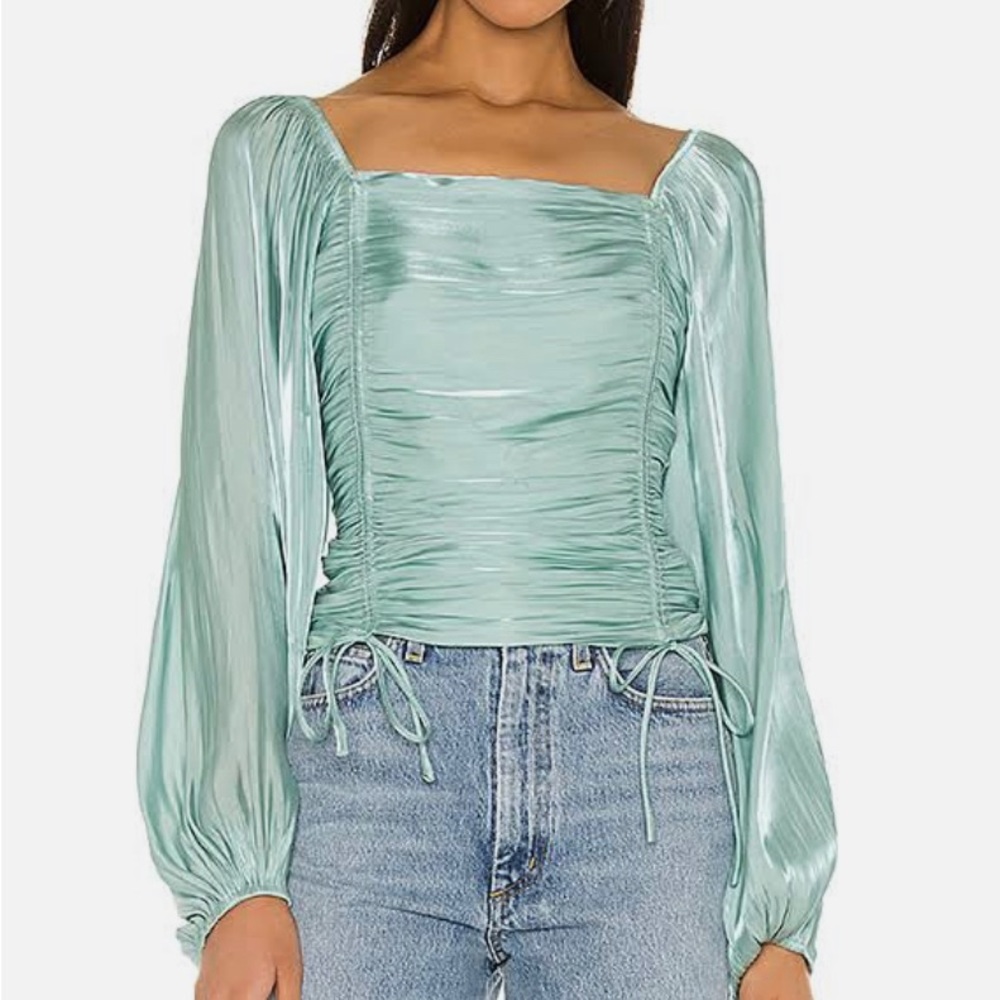 Line & Dot Mint Green Satin Ruched Square-Neck Blouse
